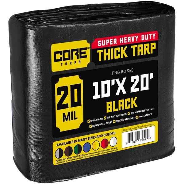 10 ft x 20 ft Heavy Duty 20 Mil Tarp, Black, Polyethylene, Core Tarps, Mfr#: CT-706-10x20